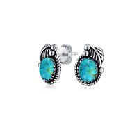 Boucles d'oreilles clous ovales en turquoise stabilisée de style amérindien avec bordure en corde et feuille, bijoux western pour femmes en argent sterling oxydé .925