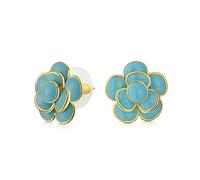 Boucles d'oreilles clous rétro à fleur 3D style bouton en émail bleu turquoise simulé pour femmes, oreilles percées, en laiton plaqué or 14K.