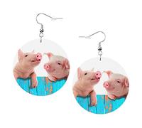 Boucles d'oreilles cochon drôle accroché à la clôture, cerf de neige et étoile, forme ronde en cuir, bijoux légers pour femmes et filles, parfaits pour un usage quotidien