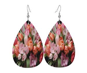 Boucles d'oreilles colorées en cuir avec bouquet de dix mille fleurs en forme de larme pour femme - Boucles d'oreilles pendantes légères en PVC avec crochets en argent 925, imprimés double face |