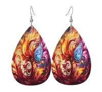 Boucles d'oreilles colorées Mysterious Flame pour femme en cuir en forme de larme - Boucles d'oreilles pendantes légères en PVC avec crochets en argent 925, imprimés double face | Cadeau