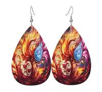 Boucles d'oreilles colorées Mysterious Flame pour femme en cuir en forme de larme - Boucles d'oreilles pendantes légères en PVC avec crochets en argent 925, imprimés double face | Cadeau