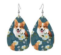 Boucles d'oreilles Corgi sur fond bleu en cuir imprimé avec motif en forme de goutte, légères et douces.