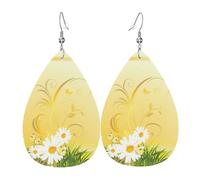 Boucles d'oreilles courbées, fleurs de camomille volantes, papillons volants, boucles d'oreilles en cuir pour femme avec pendentif imprimé avec crochet, tendance, vintage, fête, usage quotidien