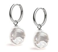 Boucles d'oreilles créoles 16 mm avec breloque interchangeable perle de culture d'eau douce Keshi 13-14 mm pour femme Secret & You - Argent sterling 925 plaqué rhodium