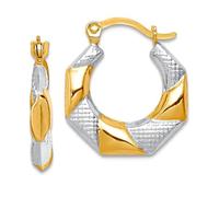 Boucles d'oreilles créoles creuses festonnées en or jaune 10 carats poli et rhodium blanc 16 x 15 mm de large 3 mm d'épaisseur pour femme