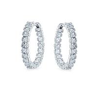 Boucles d'oreilles créoles de déclaration en zircon cubique carré de mariée, coupe princesse brillante AAA CZ, à l'intérieur et à l'extérieur, pour femmes, bal, plaqué argent, diamètre 1,25.