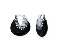 Boucles d'oreilles créoles demi-croissant ovales en onyx noir véritable style tribal Boho Bali pour femmes en argent sterling 925 perles caviar milgrain oxydé