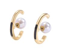 Boucles d'oreilles créoles dorées en forme de C avec accents en émail noir et dos perle cachée, boucles d'oreilles double face de style français pour femme, boucles d'oreilles ovales légères pour