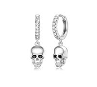 Boucles d'oreilles créoles en argent 925 avec tête de mort/loup - Boucles d'oreilles créoles en zircone - Bijoux d'Halloween - Cadeau pour homme et femme, Argent sterling
