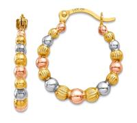 Boucles d'oreilles créoles en or jaune 14 carats avec tige à charnière polie et perles en rhodium blanc et rose 18 x 16 mm de large 3 mm d'épaisseur pour femme