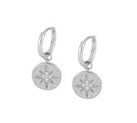 Boucles d'Oreilles Créoles Femme, Bague d'Oreille Argent 925 Pendentif créole avec étiquette ronde et étoile en zircone cubique, Argent