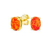 Boucles D'Oreilles Créoles Ovales En Opale Synthétique Opulence De Couleur Blanc Orange Noir Et Bleu Plaquées Or Jaune 14 Carats Sur Argent Sterling .925 Pierre De Naissance D'Octobre De 7 MM