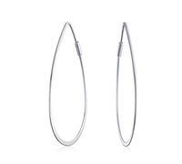 Boucles d'oreilles créoles ovales grandes et fines en forme de poire, géométriques minimalistes bohèmes, en fil plat, légères pour femmes en argent sterling .925, 1,75 pouce.