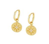 Boucles d'Oreilles Créoles Plaqué Or, Boucles d'Oreilles Créoles Argent Pendentif créole avec étiquette ronde et étoile en zircone cubique pour Femme, Or