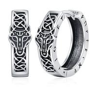 Boucles d'oreilles Créoles pour Homme Femme, Boucles d'oreilles Viking Loup Argent Sterling 925 avec Runes Nordiques Celtiques Piercing Bijoux