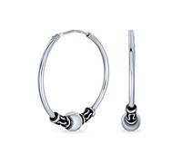 Boucles D'Oreilles Créoles Rondes Continues De Style Tribal Bali Avec Perles Pour Femmes En Argent Sterling Oxydé .925 Diamètre 1 Pouce