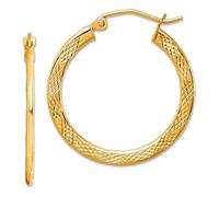 Boucles d'oreilles créoles texturées en or jaune 10 carats poli 26 x 25 mm de large 1,3 mm d'épaisseur pour femme
