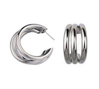 Boucles d'oreilles créoles triple couche en forme de C, boucles d'oreilles unies tendance, design creux, boucles d'oreilles pour fille lors d'un dîner, Uniform code, Métal, Sans pierres précieuses