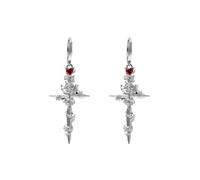 Boucles d'oreilles créoles vintage en forme de croix pour femme - Zircone rouge unique - Cœur - Épine - Rose - Épée - Pendentifs - Petites créoles - Boucles d'oreilles tendance pour Halloween, fête