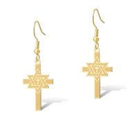 Boucles d'oreilles croix étoile de David pour femme, boucles d'oreilles en forme de croix hexagramme, bijoux religieux pour elle, One Size, Acier inoxydable, Pas de gemme