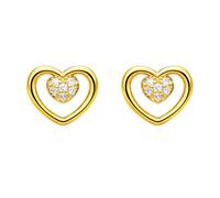 Boucles d'Oreilles CŒUR Femme & Enfant Plaqué Or 18 Carats - Puces d'Oreilles 8mm avec Oxyde de Zirconium Brillant - Fermoir Poussette - Bijou Poinçonné - Cadeau Anniversaire Noël Saint-Valentin -