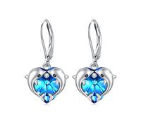 Boucles d'oreilles dauphin Femme 925 Sterling Silver Coeur Boucles d'oreilles avec cristal bleu Boucles d'oreilles dauphin suspendues Boucles d'oreilles animaux Bijoux dauphin pour épouse amie femmes