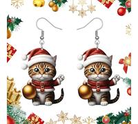 Boucles d'oreilles de Noël Chat Père Noël 2026, Boucles d'oreilles pendantes en acrylique léger, adorable chaton portant un chapeau(D)