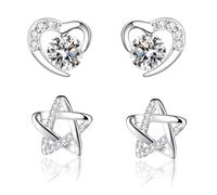 Boucles d'oreilles de Noël en argent sterling avec zircone cubique en or blanc - Flocon de neige, cœur, étoile et renne pour femme, Laiton plaqué argent, Zircone cubique
