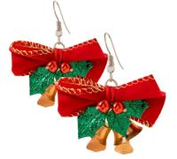 Boucles d'oreilles de Noël pour femme, nœud rouge festif avec grelots (4,8 x 5 cm), bijoux de vacances avec feuilles de houx vertes et baies rouges, accessoires de fête de Noël