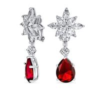 Boucles D'Oreilles De Style Art Déco Avec Fleurs Aaa Cz Rouge Et Pendentifs En Forme De Goutte D'Eau Pour Femmes Simulée Plaqué Argent