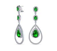 Boucles D'Oreilles De Style Art Déco Pour Mariage Simulant Une Émeraude Verte AAA Zirconium Cubique Double Halo Large Teardrop CZ Statement Dangle Chandelier Boucles D'Oreillesplaqué Argent