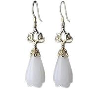 Boucles d'oreilles de style chinois, accessoires é Boucles d'oreilles en jade blanc Hetian naturel, motif lotus rétro chinois, breloque artisanale de créateur, bijoux en argent for femmes