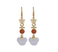 Boucles D'Oreilles de Style Chinois Eardrop S925 Argent Sterling Néphrite Jade Blanc Pieux Caractères Chinois Caractères Chinois Agate Rouge du Sud Tempérament Plaqué or Boucles D'Oreilles F, LJBLEU