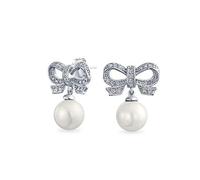 Boucles D'Oreilles De Style Victorien Pour Mariage Avec Ruban Délicat De Zircon Cubique, Perle Simulée, CZ Et Pavé Pour Femmes, Argent Plaqué