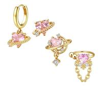 Boucles d'oreilles délicates en or pour femme, 4 pièces, en argent sterling, hypoallergéniques, en cartilage, créoles, cœur, univers rose, plaquées or 18 carats.