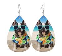 Boucles d'oreilles d'été en forme de bouledogue français pour femme, boucles d'oreilles en cuir en forme de larme, boucles d'oreilles pendantes double face, légères, accessoires d'oreille pour femme