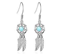 Boucles d'Oreilles Deux Plumes d'Argent Longues boucles d'oreilles pendantes en forme d'attrape-rêves avec perles en cristal bleu vintage