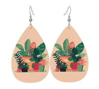 Boucles d'oreilles d'intérieur en cuir avec petites plantes vertes imprimées en forme de larme - Élégantes et légères - Pour femmes et filles - Taille unique - Cuir - Sans pierre précieuse