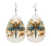 Boucles d'oreilles dorées délicates en cuir avec motif libellule sur fond jaune | Boucles d'oreilles imprimées en forme de goutte d'eau, adaptées pour le quotidien, les fêtes, les rendez-vous galants