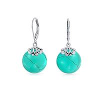 Boucles D'Oreilles Effet De Levier En Filigrane Avec Turquoise Bleu Stabilisée, Disque Rond Plat Et Pendants Pour Femmes En Argent Sterling