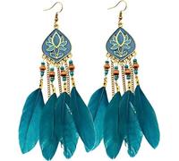 Boucles d'oreilles élégantes avec longues plumes, finition dorée, métal et plumes, 13 cm