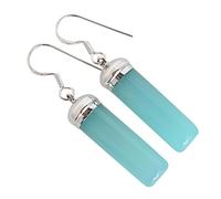 Boucles d'oreilles élégantes en calcédoine bleue - Forme crayon longue, coupe cabochon, argent sterling 925, hameçon, sertissage de lunette, bijoux élégants de 48 mm, 27x8, Argent sterling, Calcédoine