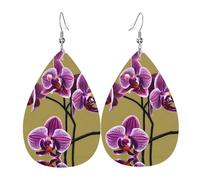Boucles d'oreilles élégantes en cuir avec imprimé orchidées pour femme - Bijoux en forme de larme, accessoire de fête léger à paillettes, taille unique, cuir, pas de pierre précieuse, taille unique