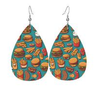 Boucles d'oreilles élégantes en cuir imprimé de frites de hamburger de dessin animé pour femme - Bijoux pendants en forme de larme, accessoire de fête léger à paillettes, taille unique, cuir, pas de