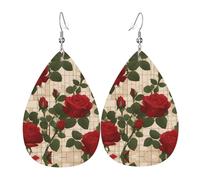 Boucles d'oreilles élégantes en cuir imprimé de nombreuses roses rouges pour femme - Bijoux pendants en forme de larme, accessoire de fête léger à paillettes, taille unique, cuir, pas de pierre