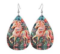 Boucles d'oreilles élégantes en cuir imprimé licorne rose en papier pour femme - Bijoux pendants en forme de larme, accessoire de fête léger à paillettes, taille unique, cuir, pas de pierre précieuse