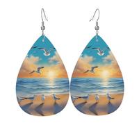 Boucles d'oreilles élégantes en cuir imprimé mouettes au bord de la mer pour femme - Bijoux pendants en forme de larme, accessoire de fête léger à paillettes, taille unique, cuir, pas de pierre
