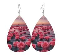 Boucles d'oreilles élégantes en cuir imprimé roses au bord de la mer pour femme - Bijoux pendants en forme de larme, accessoire de fête léger à paillettes, taille unique, cuir, pas de pierre précieuse