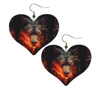 Boucles d'oreilles élégantes en forme de cœur avec imprimé loup rouge et feu pour femme, accessoires parfaits pour les fêtes et la Saint-Valentin.